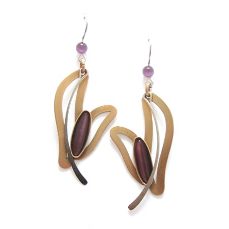 Brushed Gold Abstract Earrings with Plum Catsite - Click Image to Close